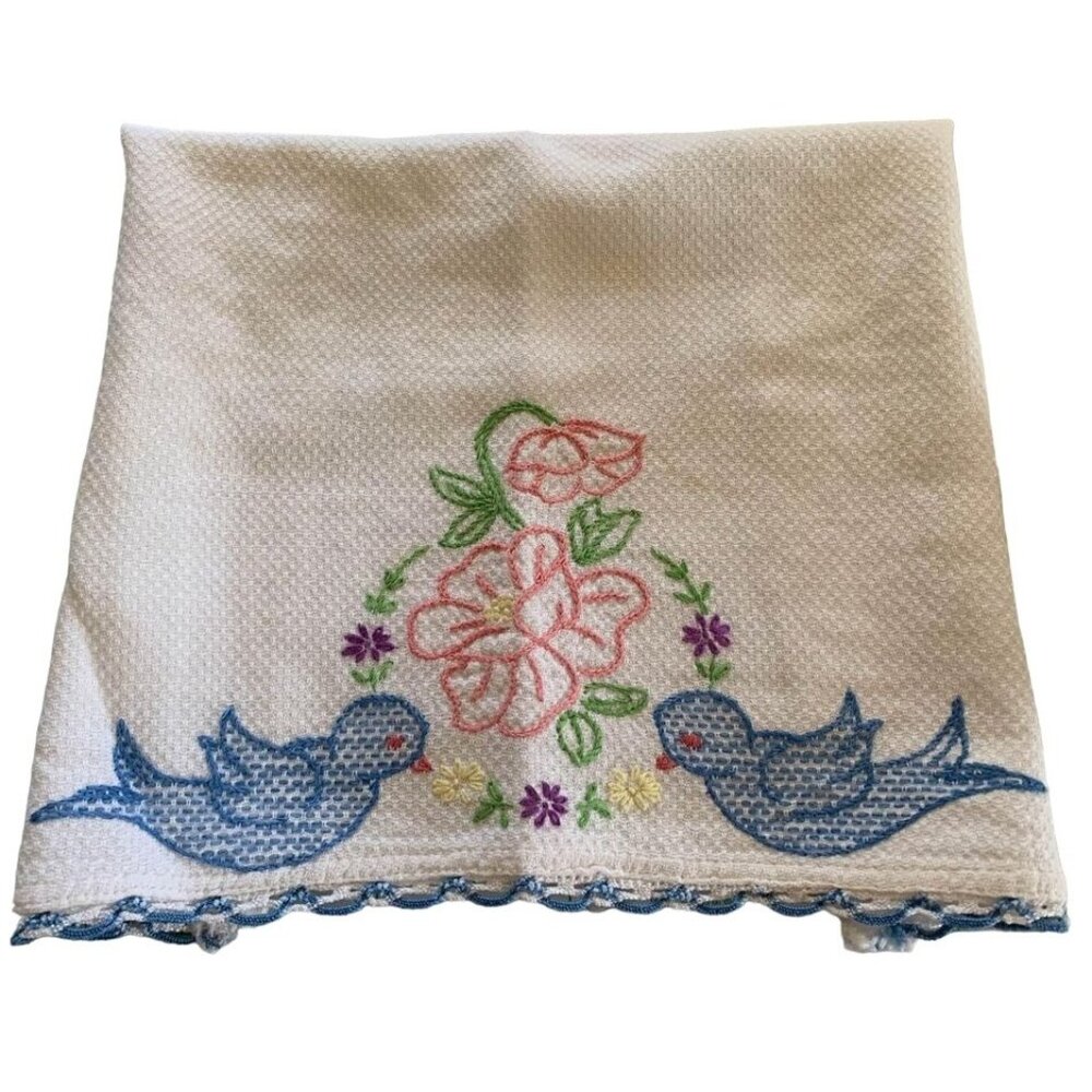 Hand Embroidered Bird Floral Decorative Kitchen Towel 16"x19" Embroidered Blue B
